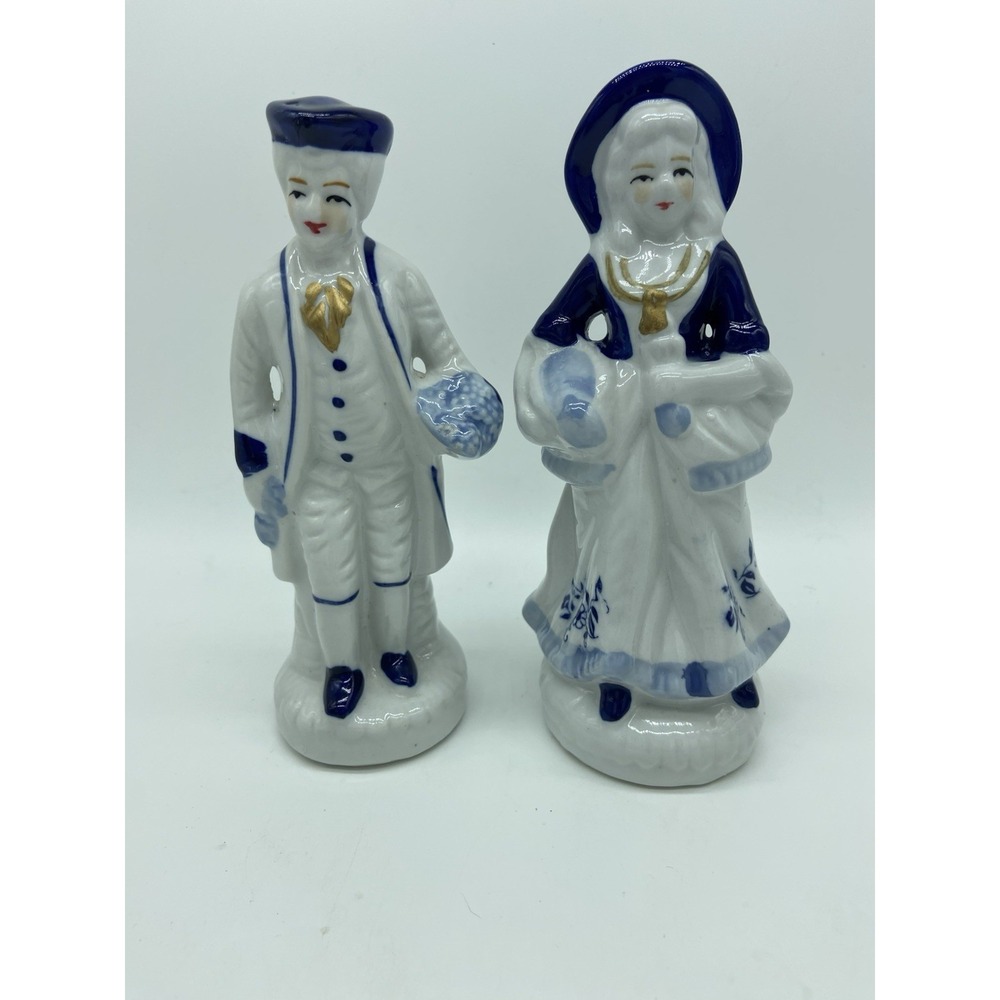 Victorian Couple Porcelain Figurines Blue White‎ Gold Trim 6.5" Vintage EUC